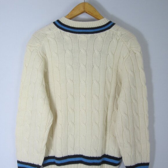 Vtg Davison's Bermuda Large Ivory Navy Blue Wool Cable Knit V Neck Sweater Golf - Picture 8 of 9